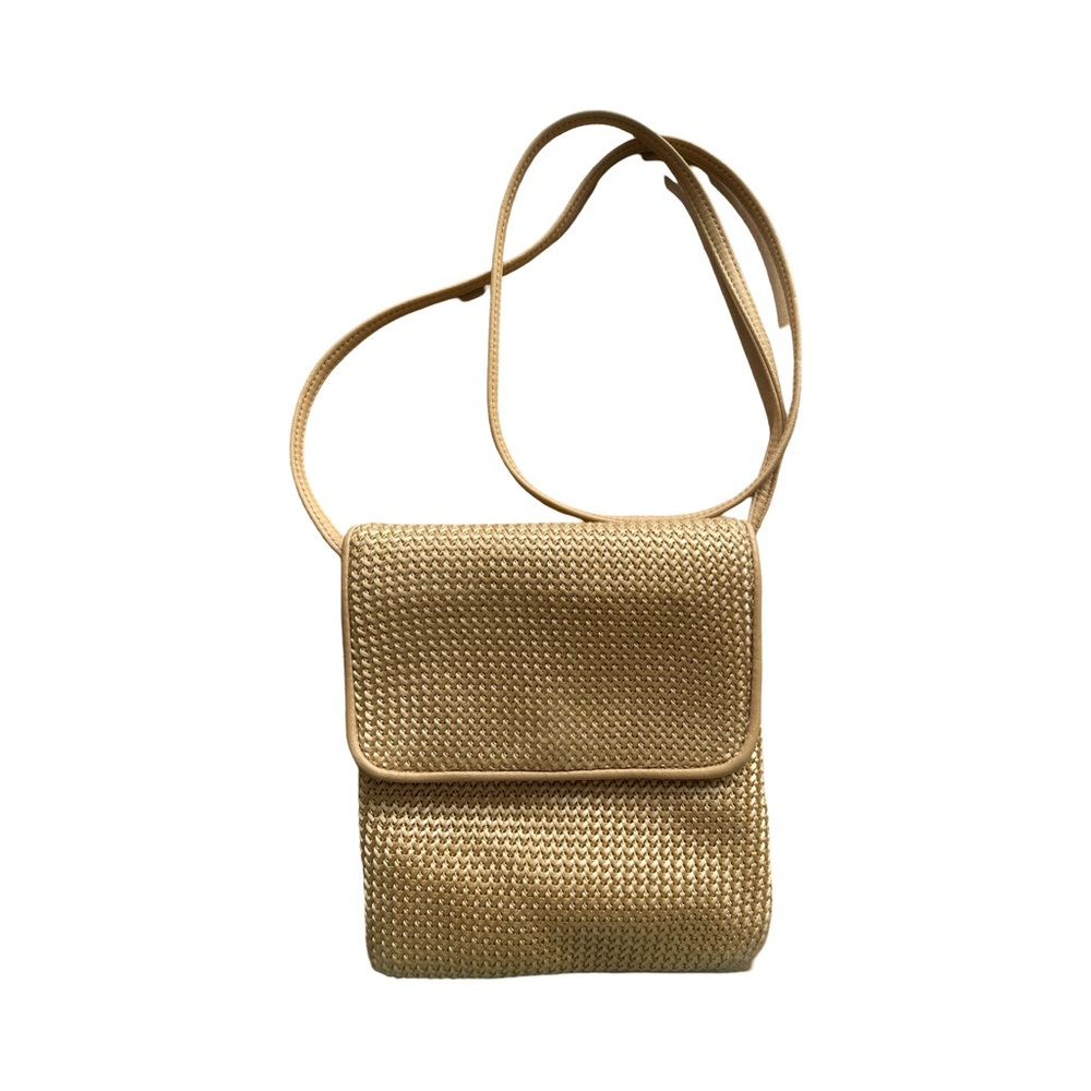 Mondani Tan Crossbody Bag with Flap Closure and Textured Material